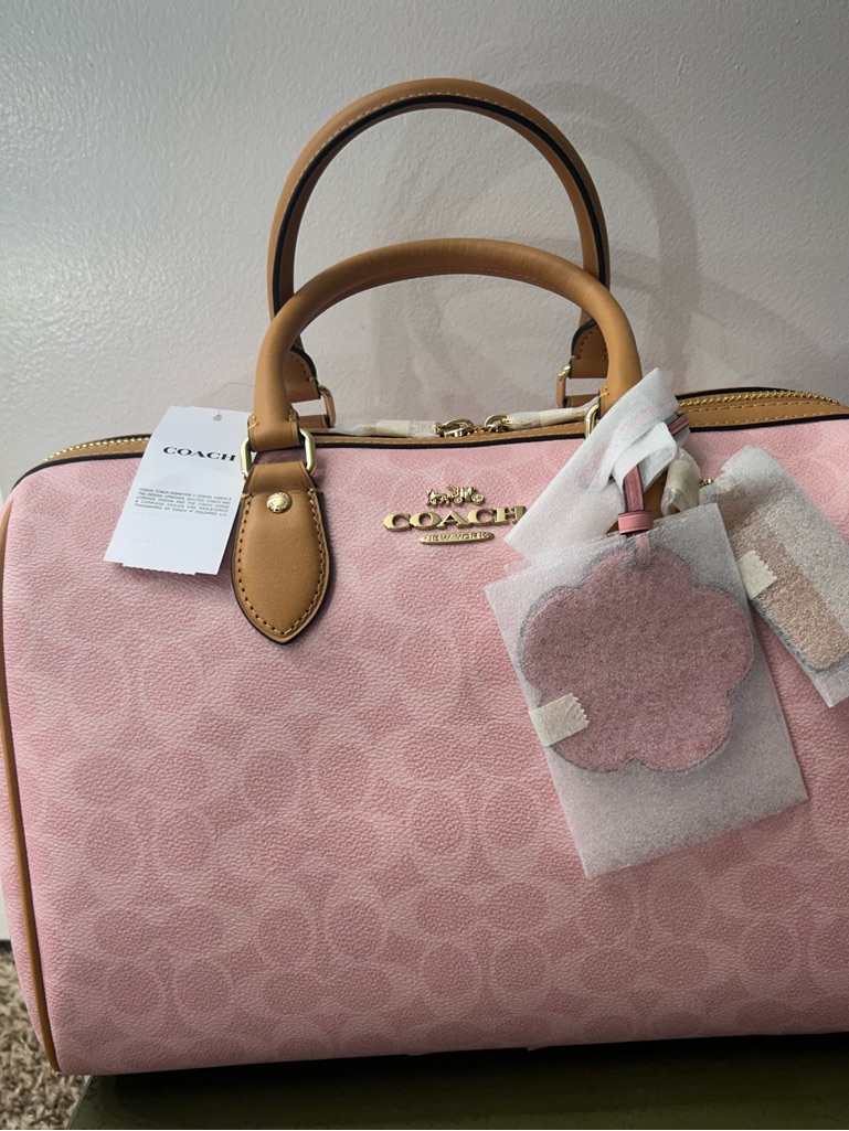 Coach Pink Signature Satchel With Tan Handles And Gold Hardware